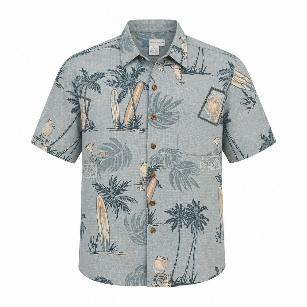 Half Moon Bay Mens L Silk Rayon Hawaiian Waffle Shirt Surfboard Palm Tree Blue
